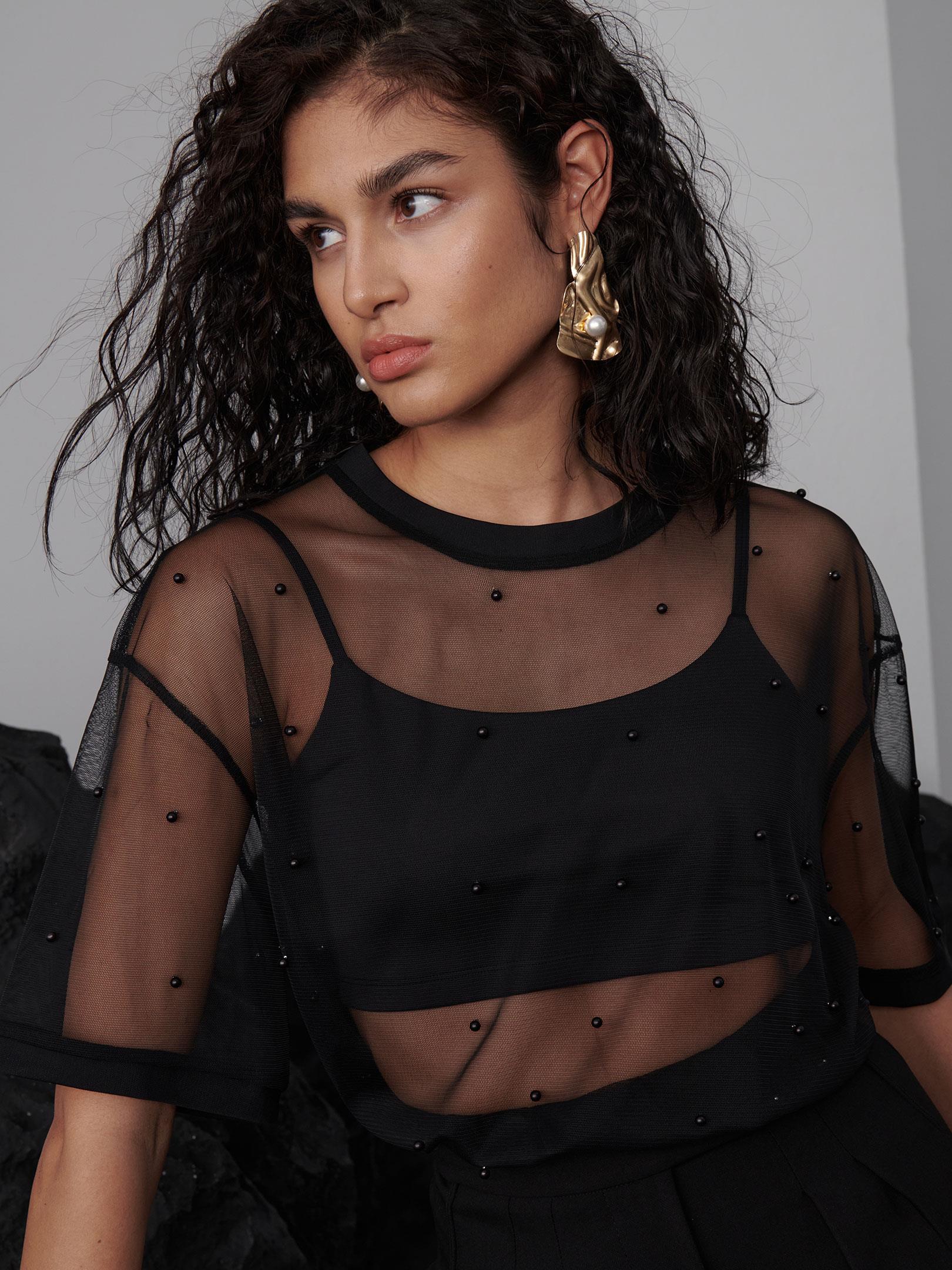 Oversize İncili Tül Şık T-Shirt - Siyah T-shirt Modelleri