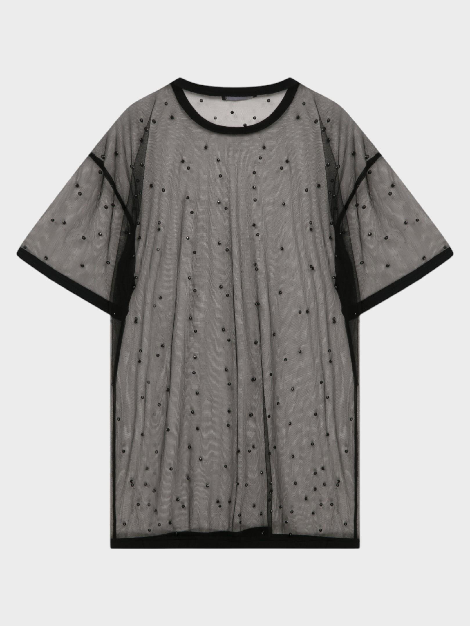 Oversize İncili Tül Şık T-Shirt - Siyah T-shirt Modelleri