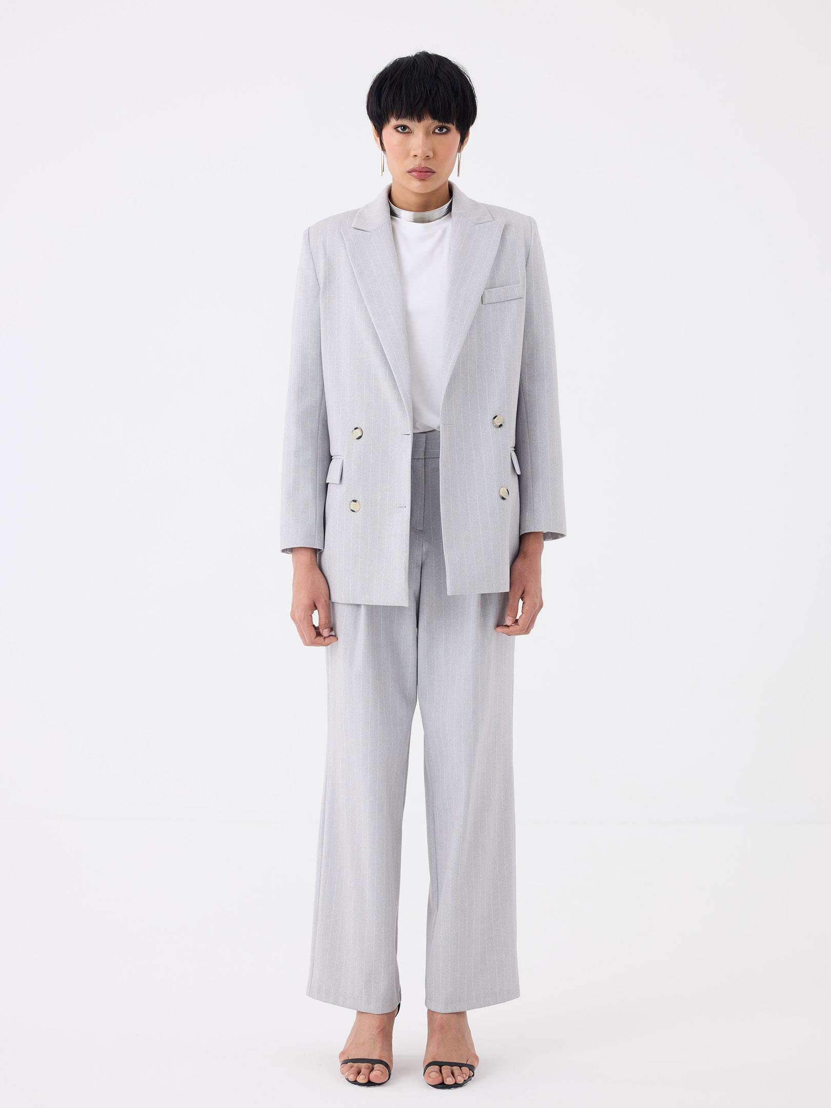 Oversize Kruvaze Kesim Ceket - Gri Çizgili Ceket Modelleri