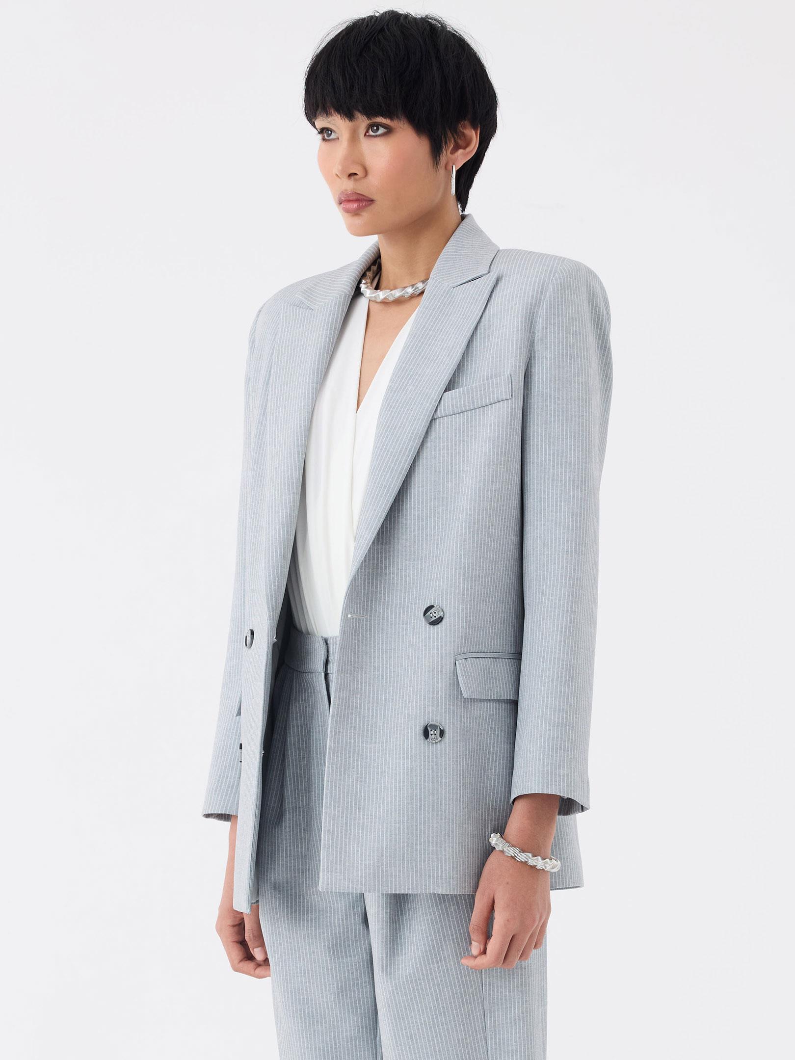 Oversize Kruvaze  Kesim İnce Çizgili Ceket - Gri Ceket Modelleri