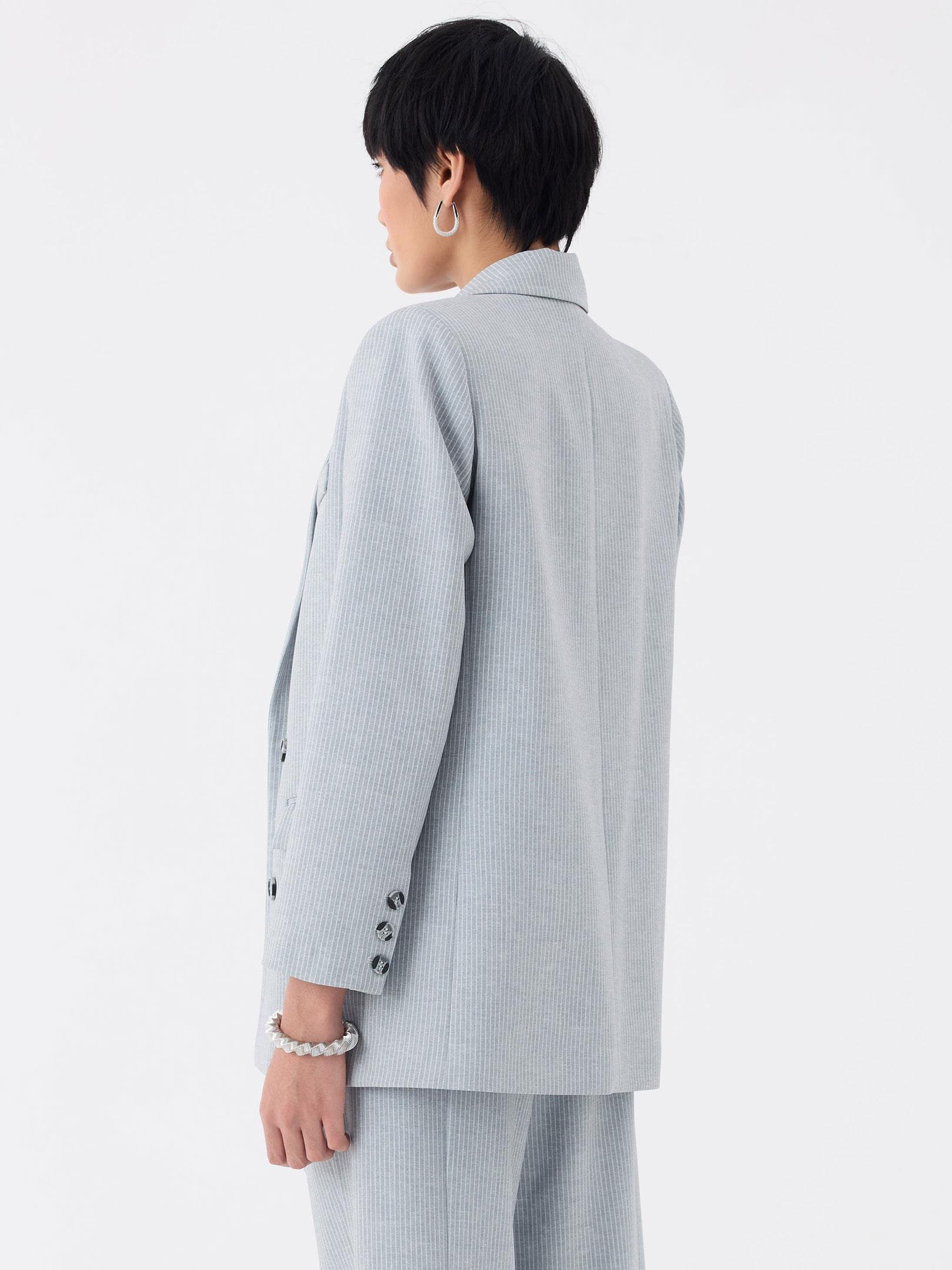 Oversize Kruvaze  Kesim İnce Çizgili Ceket - Gri Ceket Modelleri