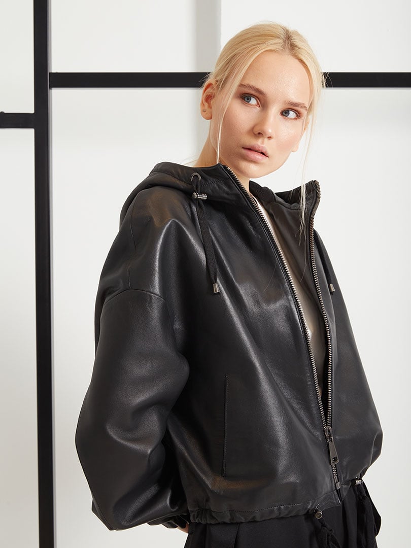 Oversized Kapüşonlu Deri Bomber Ceket - Siyah