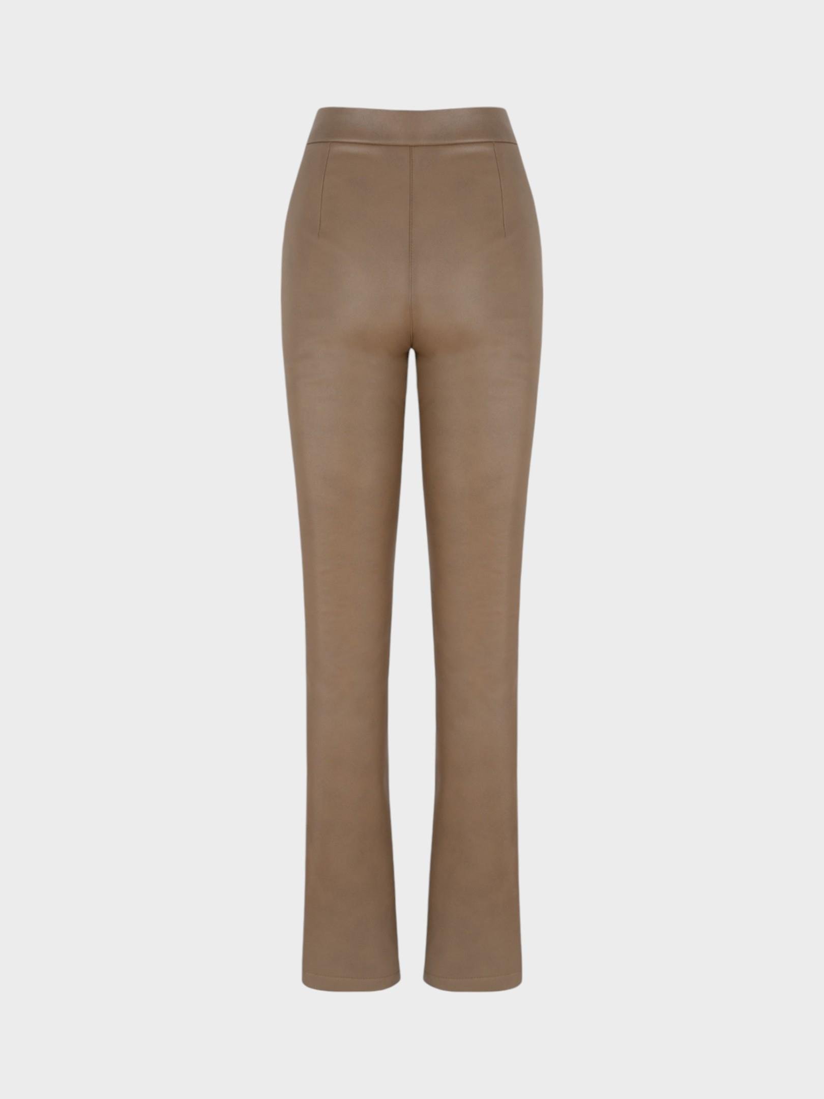 Paçası Yırtmaç Detaylı Vegan Deri Pantolon - Camel Pantolon Modelleri