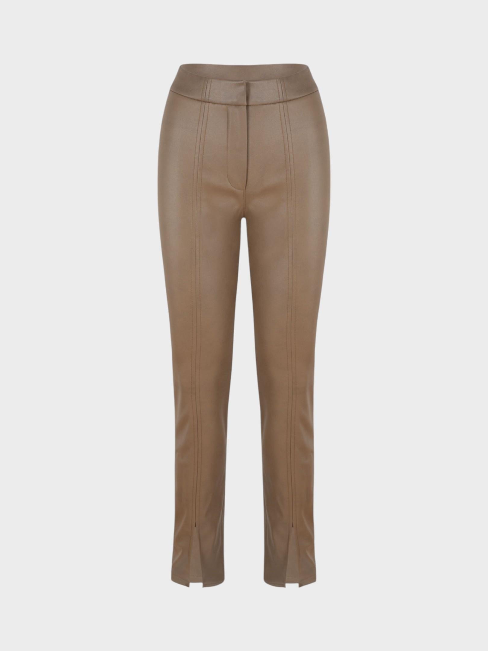 Paçası Yırtmaç Detaylı Vegan Deri Pantolon - Camel Pantolon Modelleri