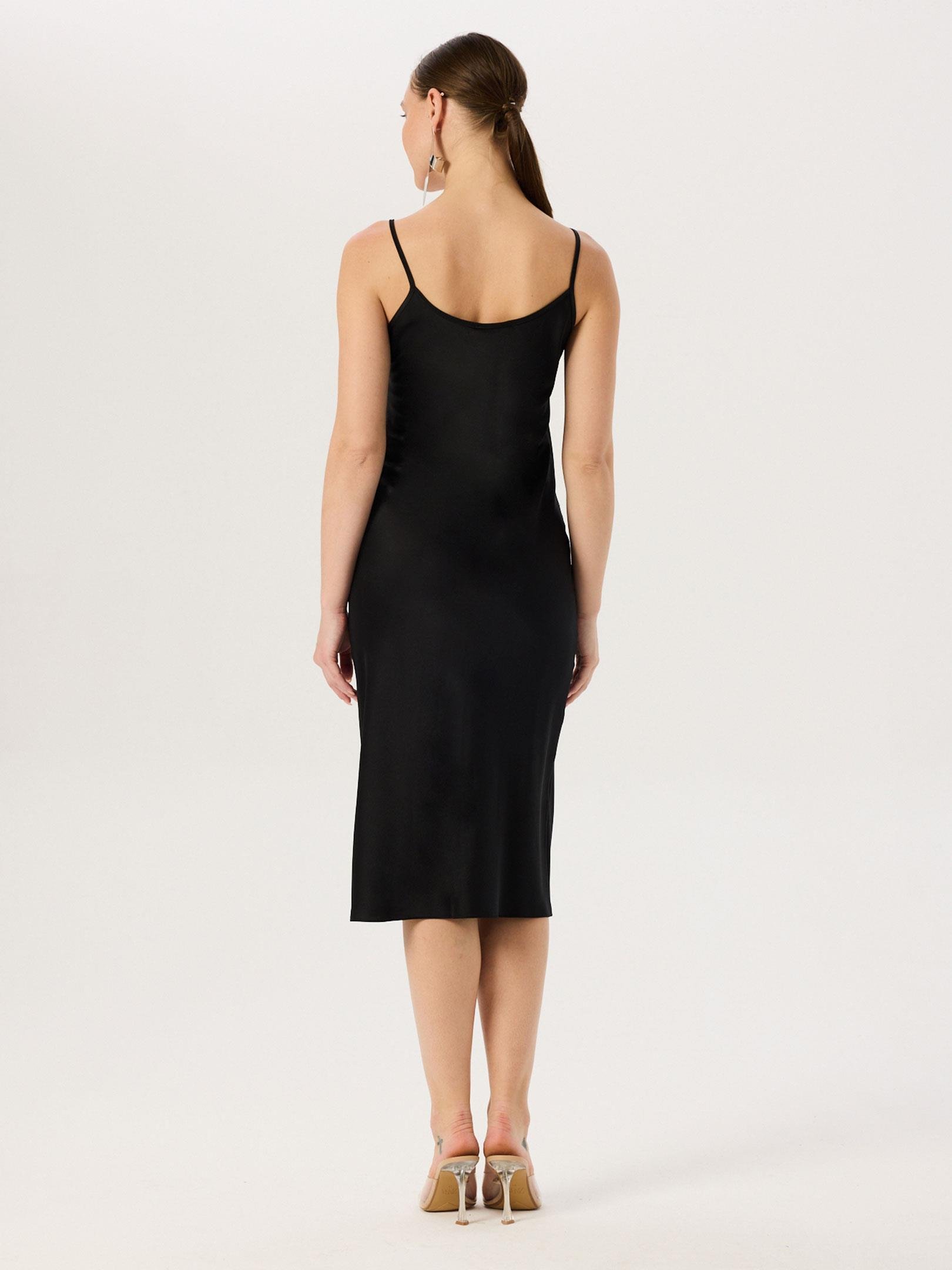 Spaghetti Strapped Satin Midi Dress - Black Dress Modelleri