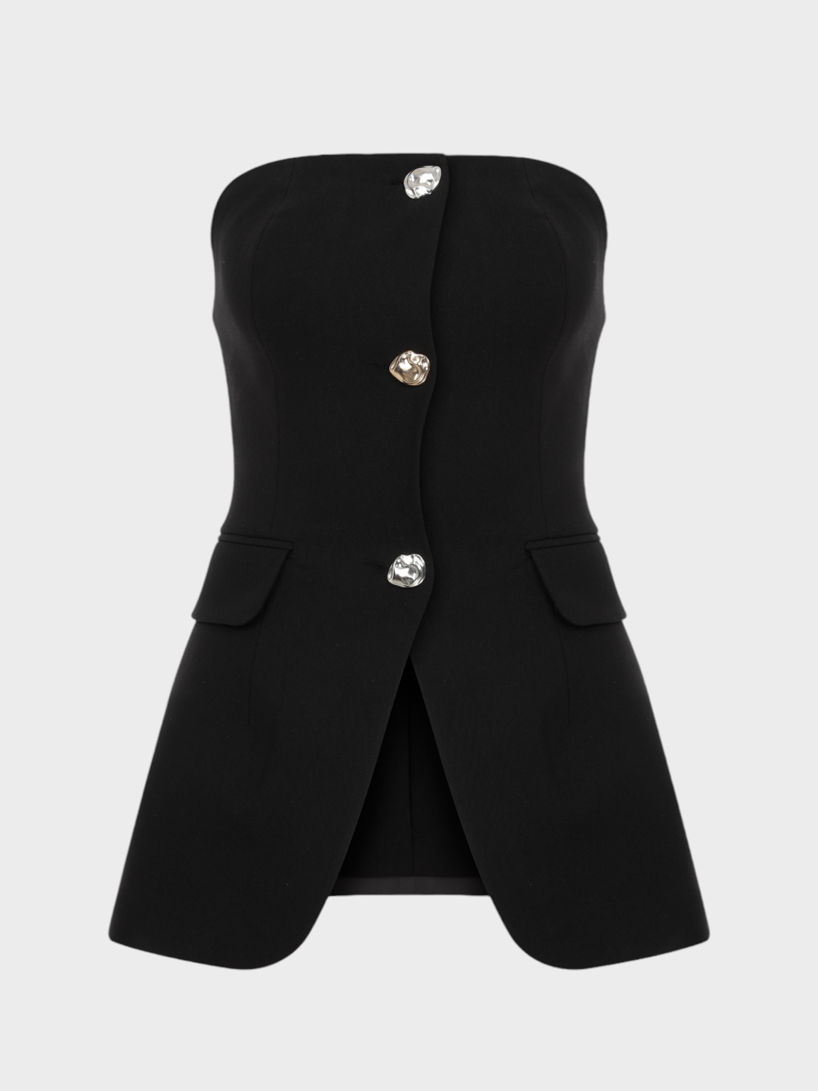 Straplez Kesim Önü Süs Düğmeli Büstiyer - Siyah Bluz Modelleri