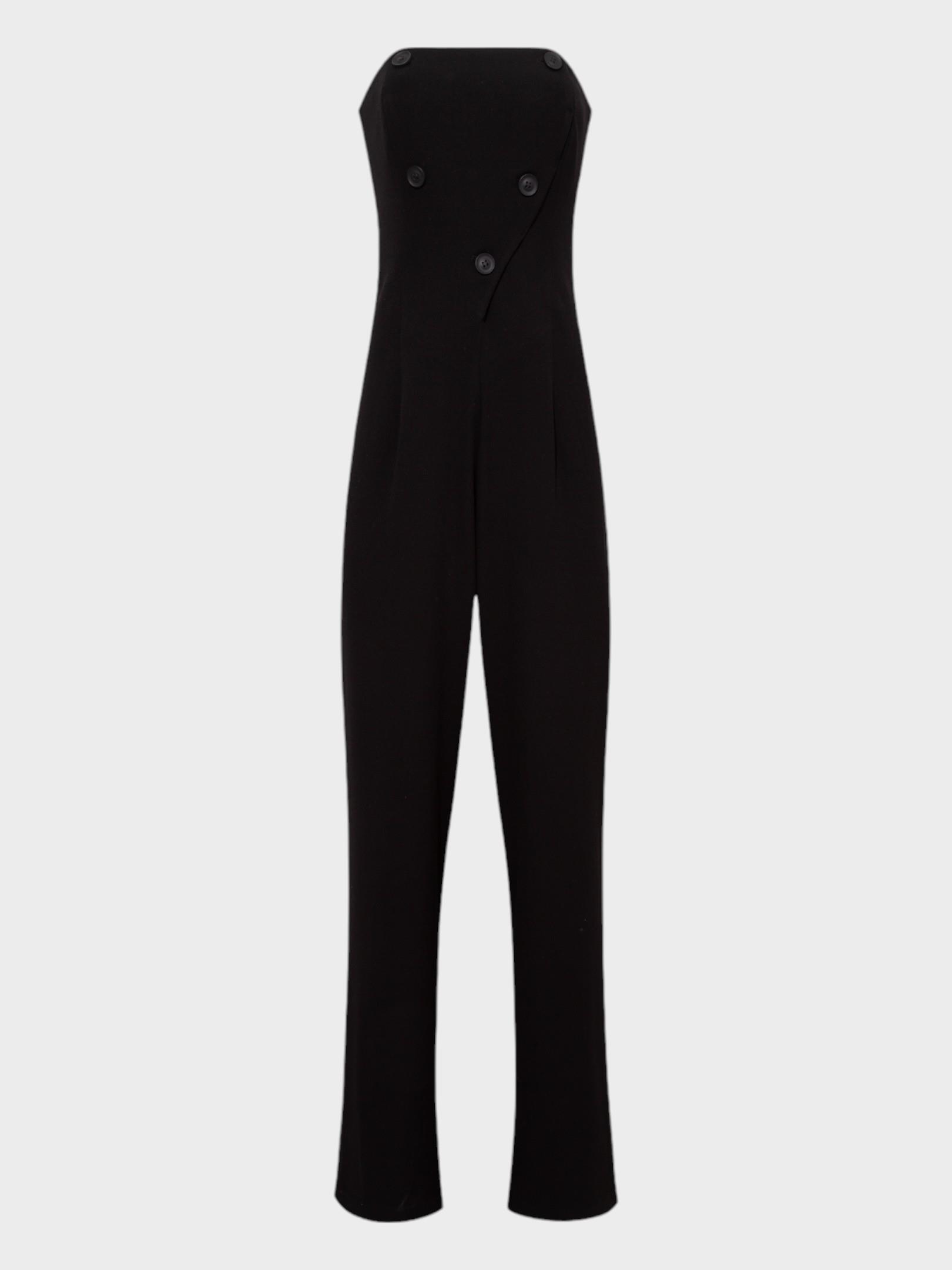 Straplez Yakalı Önü Kruvaze Düğmeli Maxi Boy Şık Tulum - Siyah Tulum Modelleri