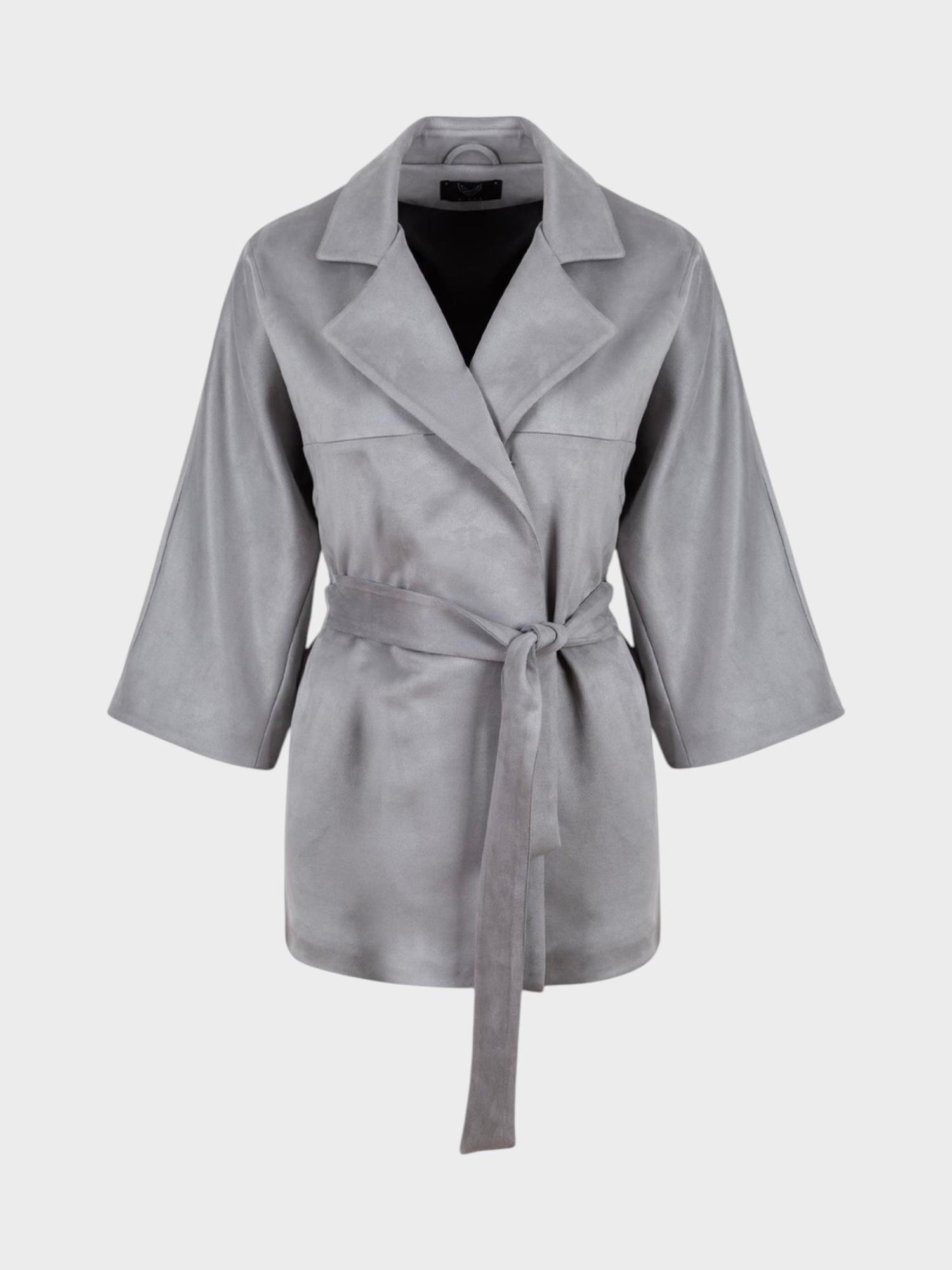 Süet Kuşaklı Kimono - Gri Ceket Modelleri