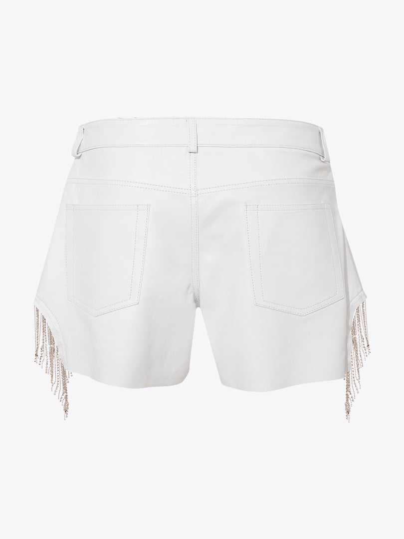 Swarovski Detaylı Mini Deri Şort - Beyaz