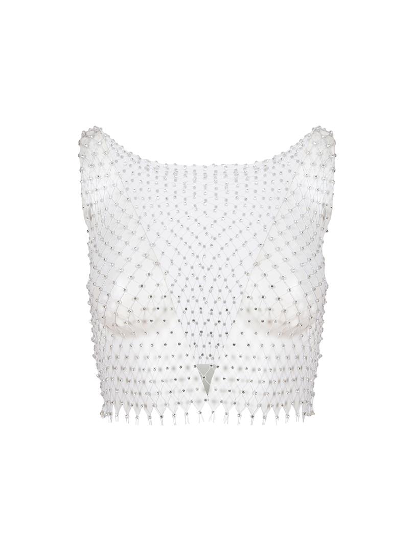 Taşlı Crop File Tshirt - Beyaz