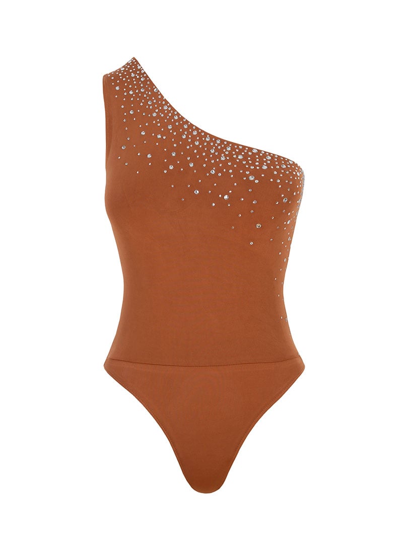 Tek Omuz Kristal Taşlı Body - Taba