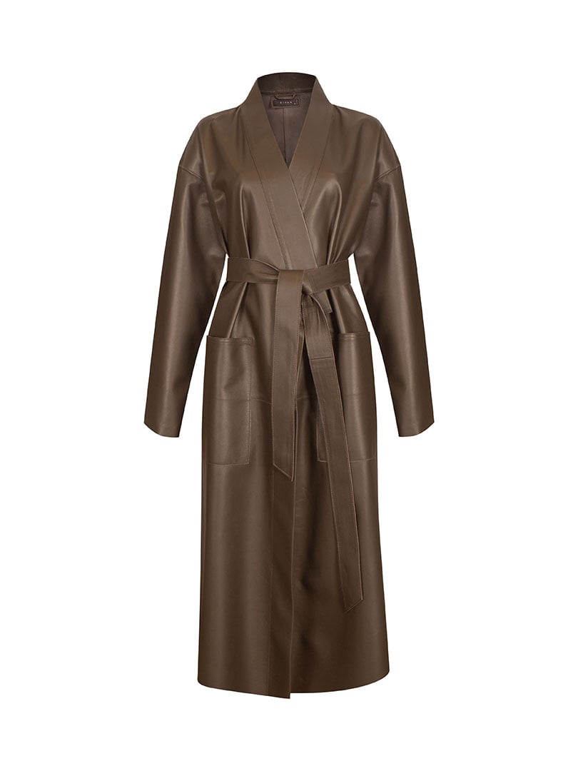 Uzun Kollu Deri Kimono - Taupe