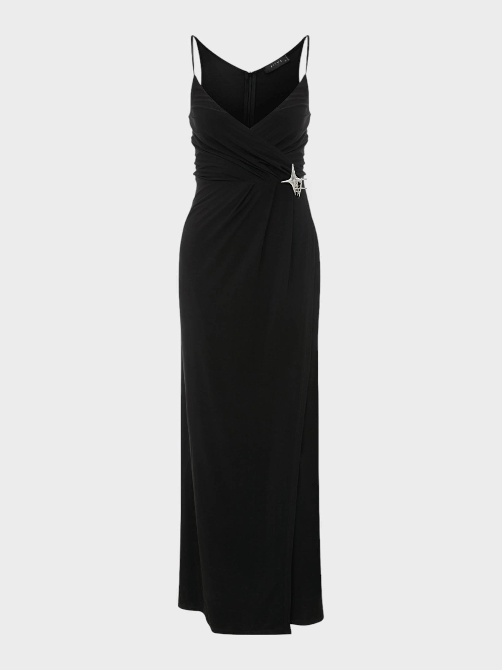 V Yakalı Önden Yırtmaçlı Anvelop Kesim Uzun Elbise - Siyah Elbise Modelleri