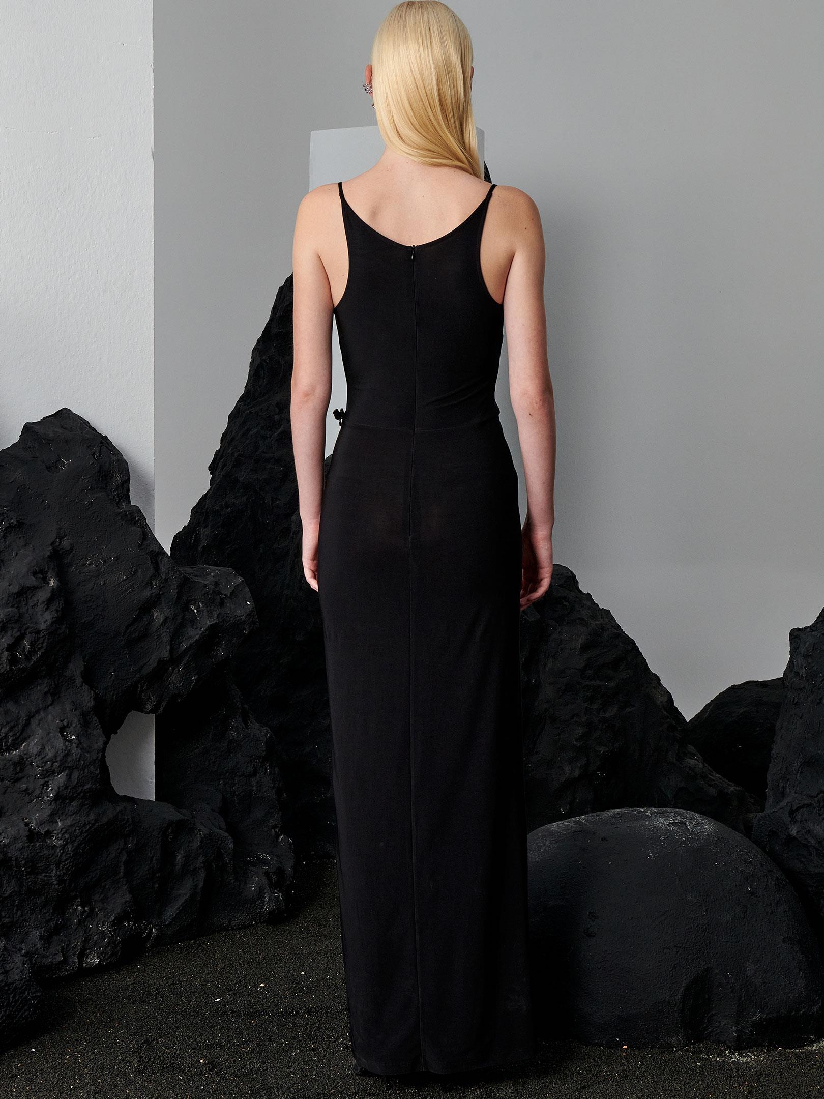 V Yakalı Önden Yırtmaçlı Anvelop Kesin Uzun Elbise - Siyah Elbise Modelleri