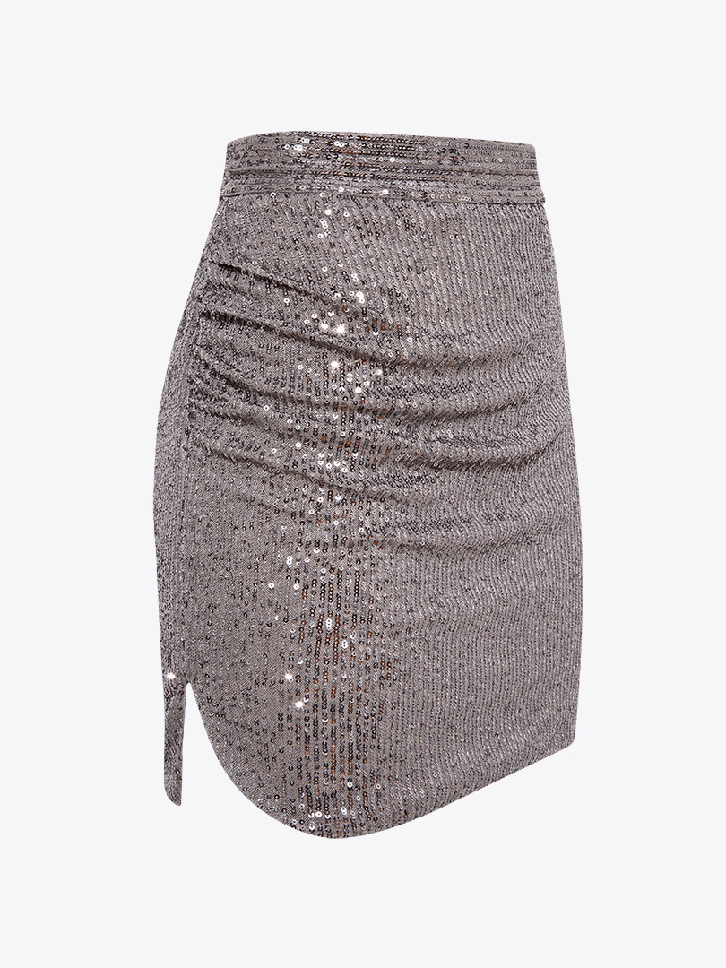 Yanı Yırtmaçlı Drape Detaylı Pullu Etek - Gri