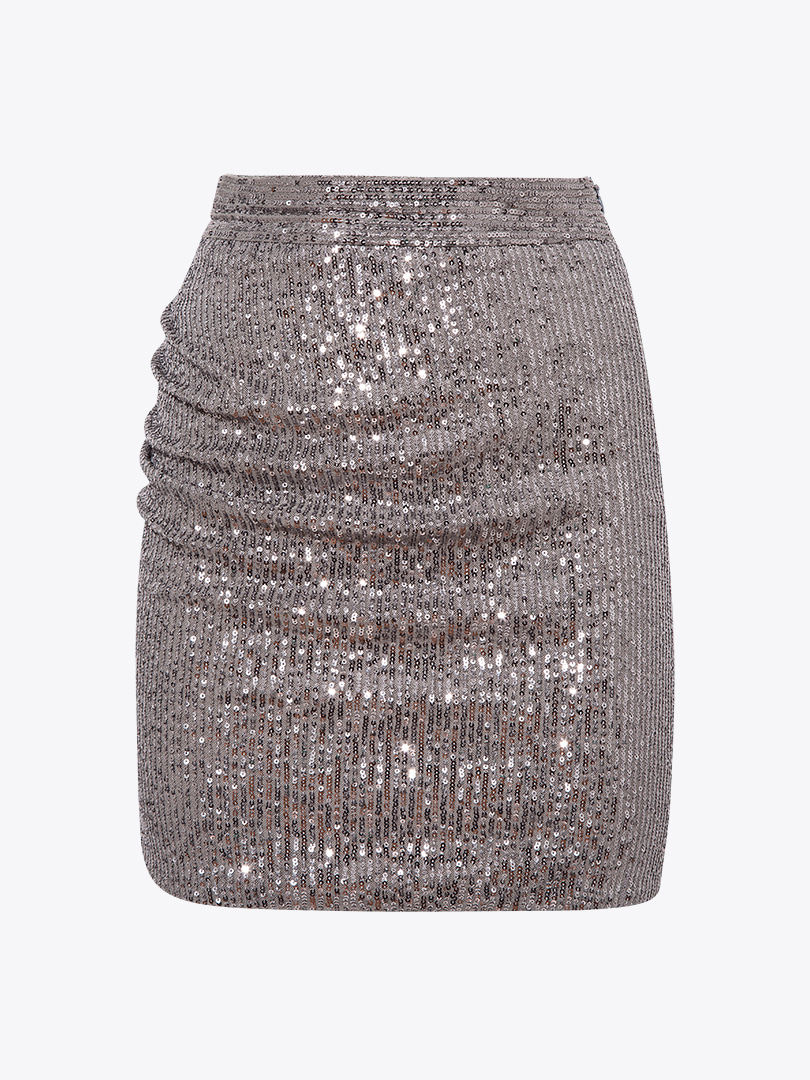 Yanı Yırtmaçlı Drape Detaylı Pullu Etek - Gri