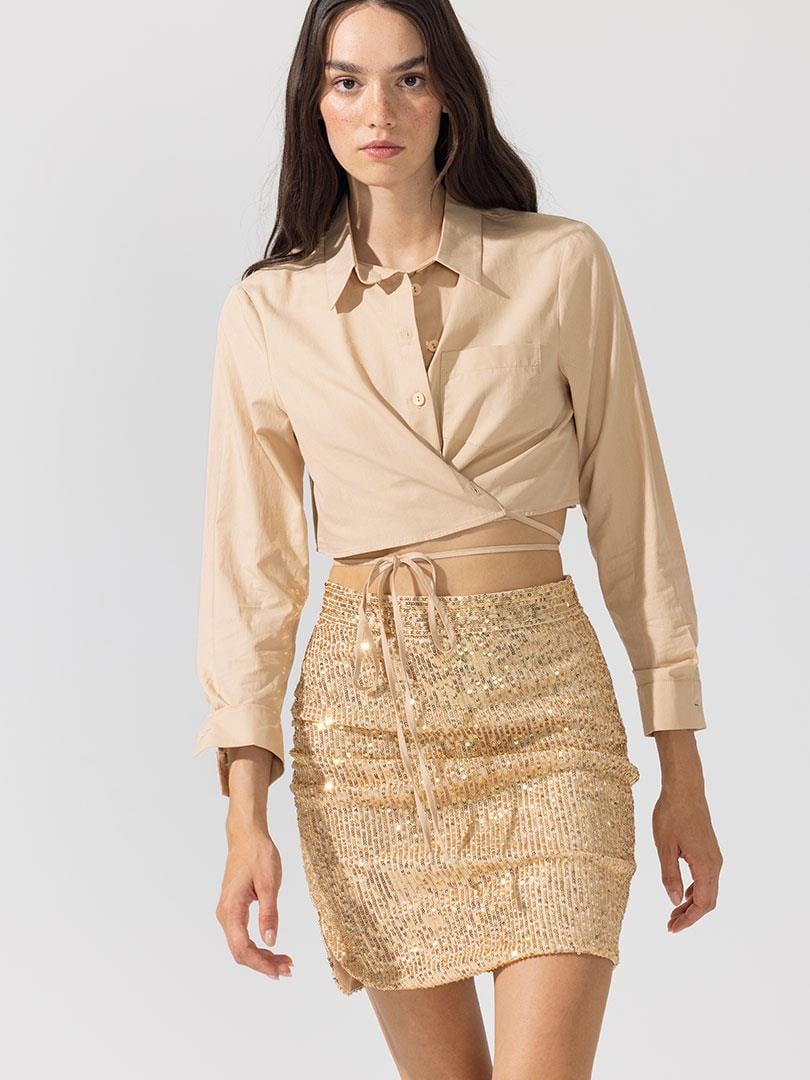 Yanı Yırtmaçlı Drape Detaylı Pullu Etek - Gold Etek Modelleri