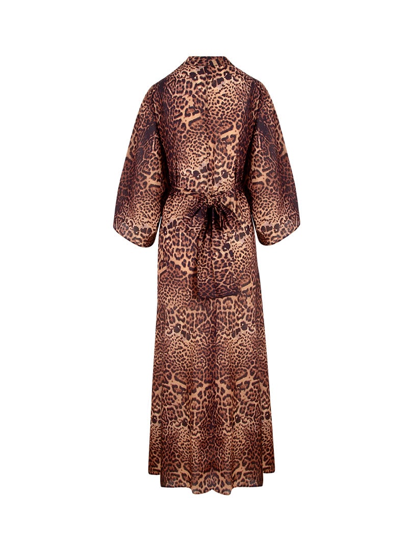 Yanları Açık Uzun Kuşaklı Viskon Robe - Leopar