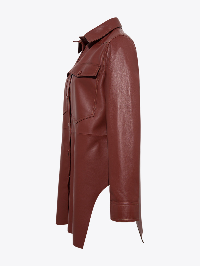 Yanları Yırtmaçlı Deri Gömlek - Bordo