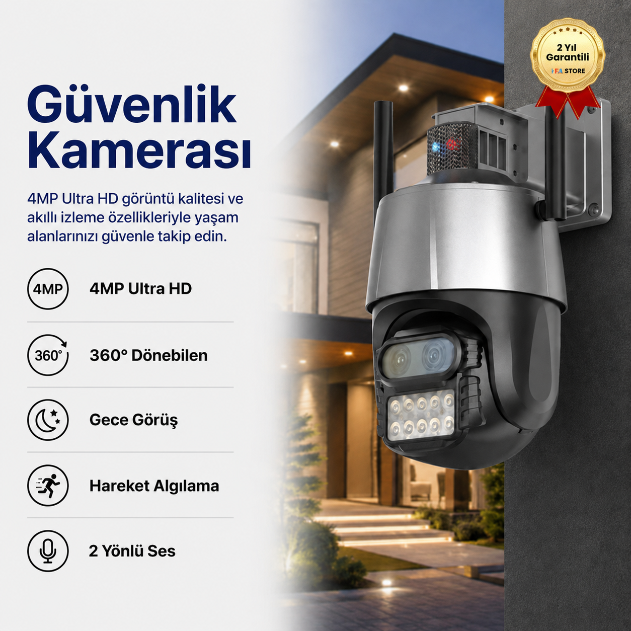  4MP Ultra HD Kablosuz Güvenlik Kamerası, 360° Dönebilen Wi-Fi Kamera, Gece Görüş, Hareket Algılama, 2 Yönlü Ses, Uzaktan İzleme | HZLSTORE 