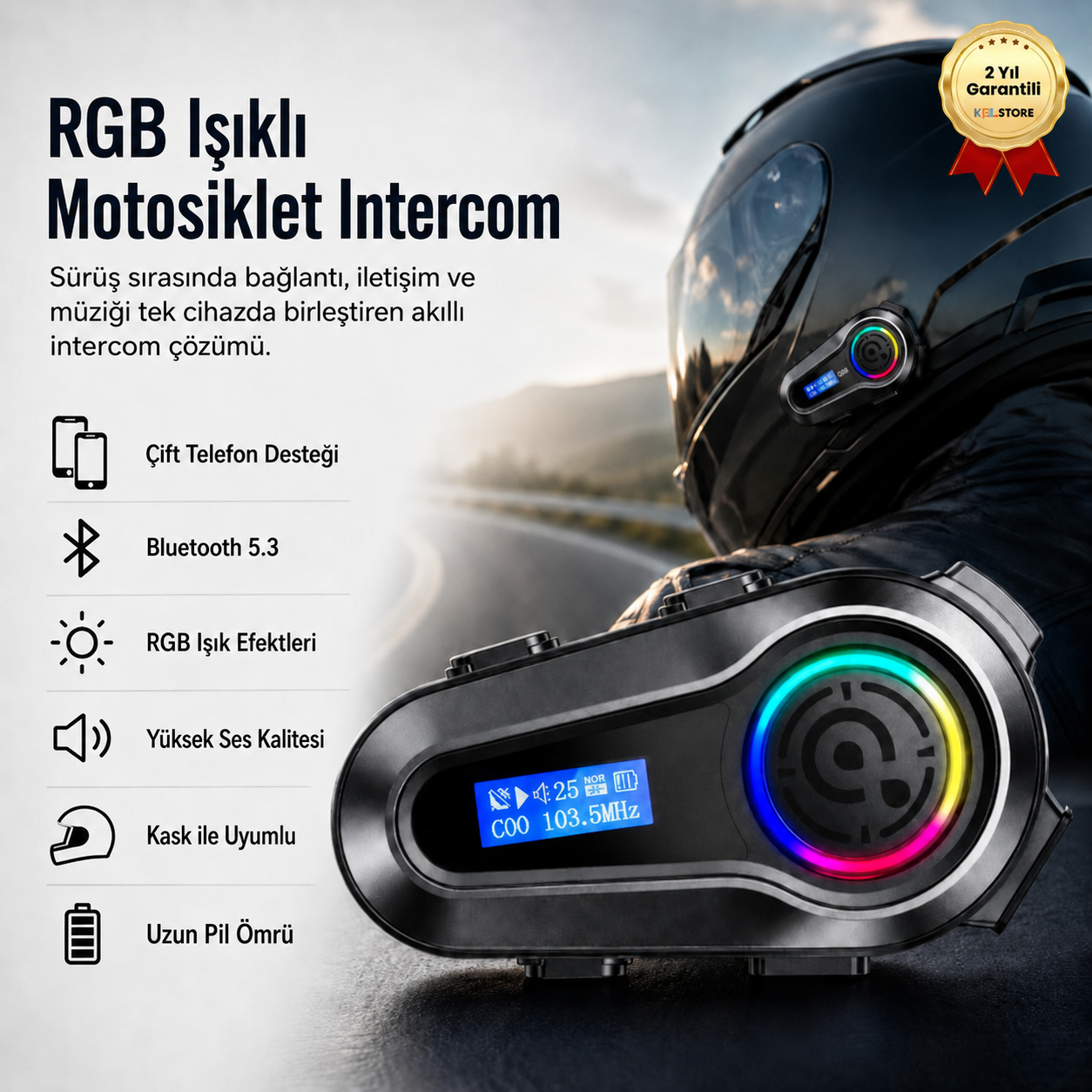  5.3 İki Telefon Uyumlu Yeni Nesil RGB Işıklı Intercom Motosiklet Kask Kulaklık Motorsiklet Intercom 