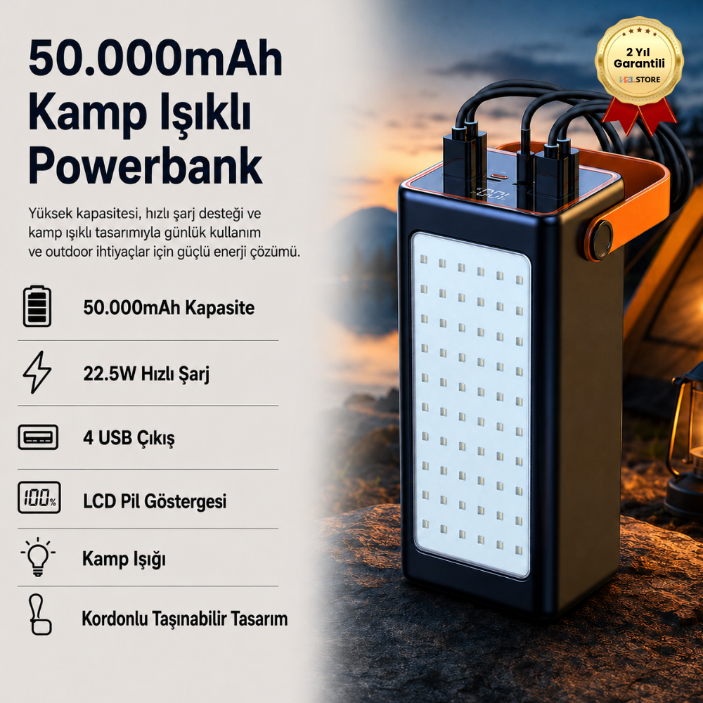  50.000mAh 22.5W Hızlı Şarj, 4 USB Çıkışlı, LCD Göstergeli Kordonlu Taşınabilir Kamp Işıklı Powerbank  