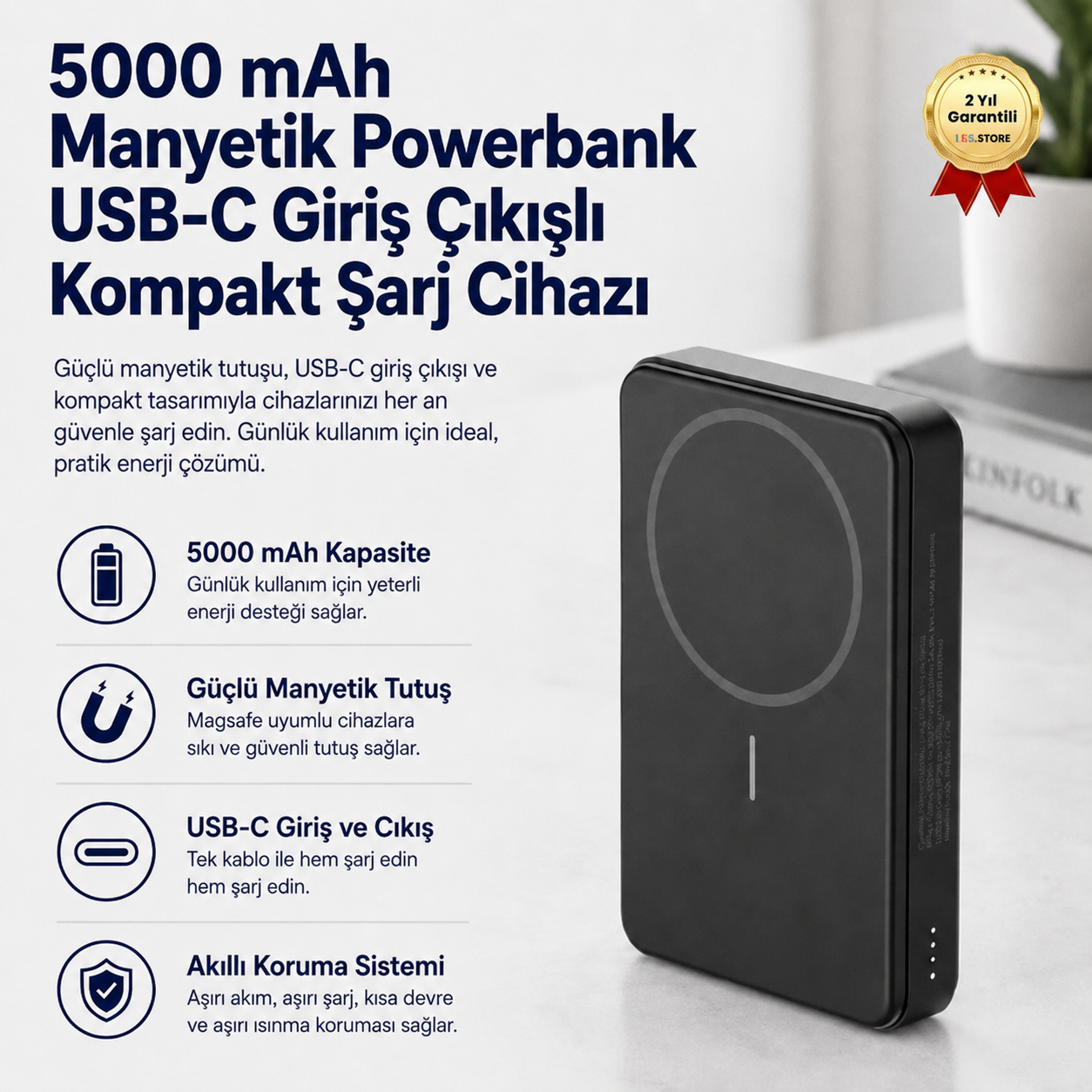 5000 mAh Manyetik Wireless Powerbank USB-C Giriş Çıkışlı Kompakt Şarj Cihazı 