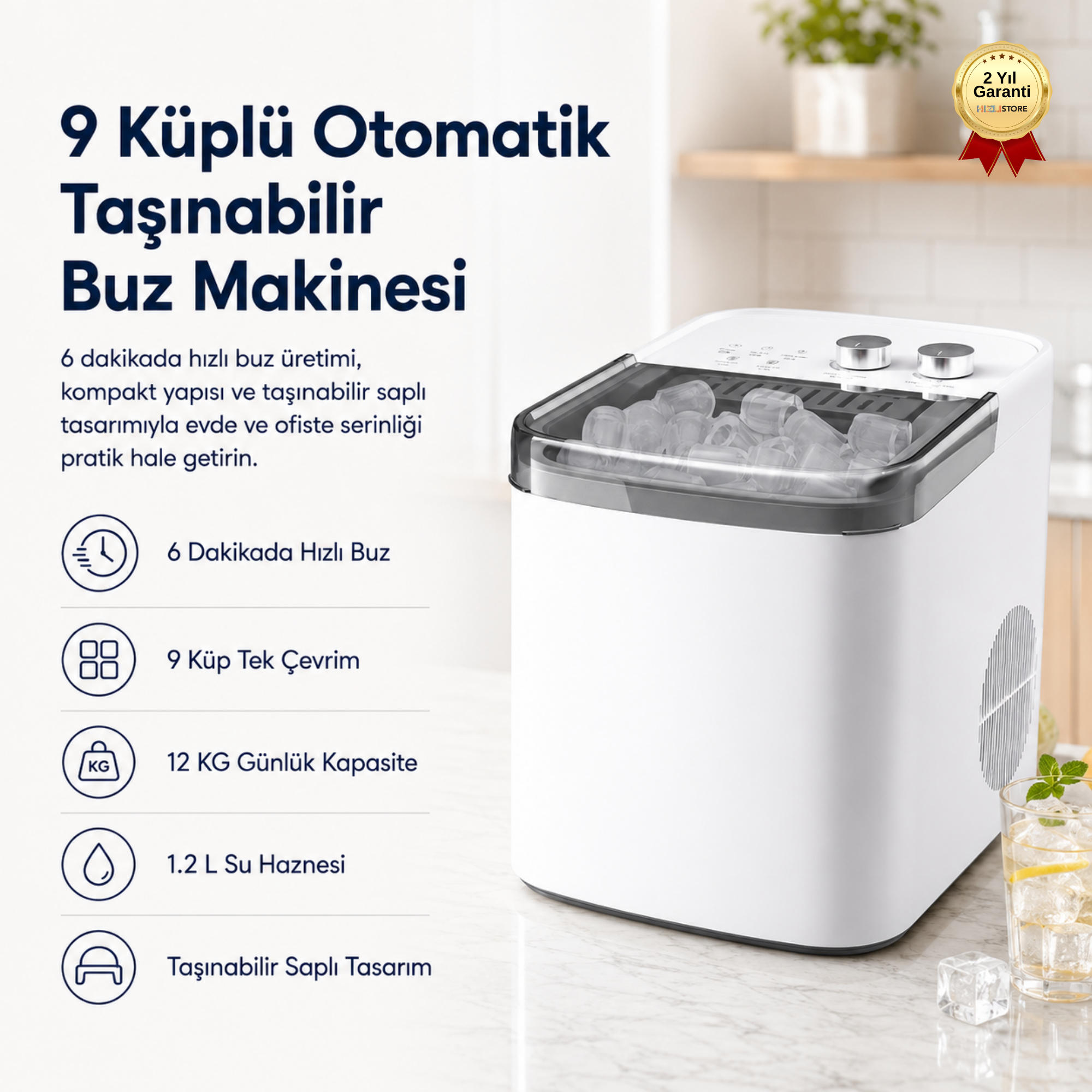  9 Küplü Otomatik Taşınabilir Saplı, 6 Dakikada Hızlı Buz Üretimi Mini Ev Tipi Buz Makinesi 