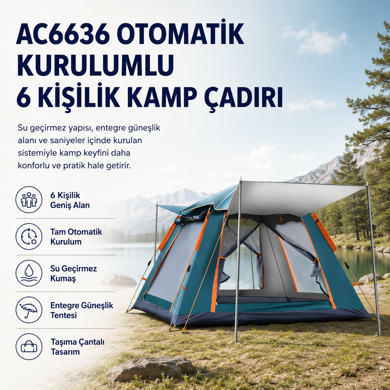  AC6636 Otomatik Kurulumlu, Su Geçirmez & Güneşlikli 6 Kişilik Kamp Çadırı 