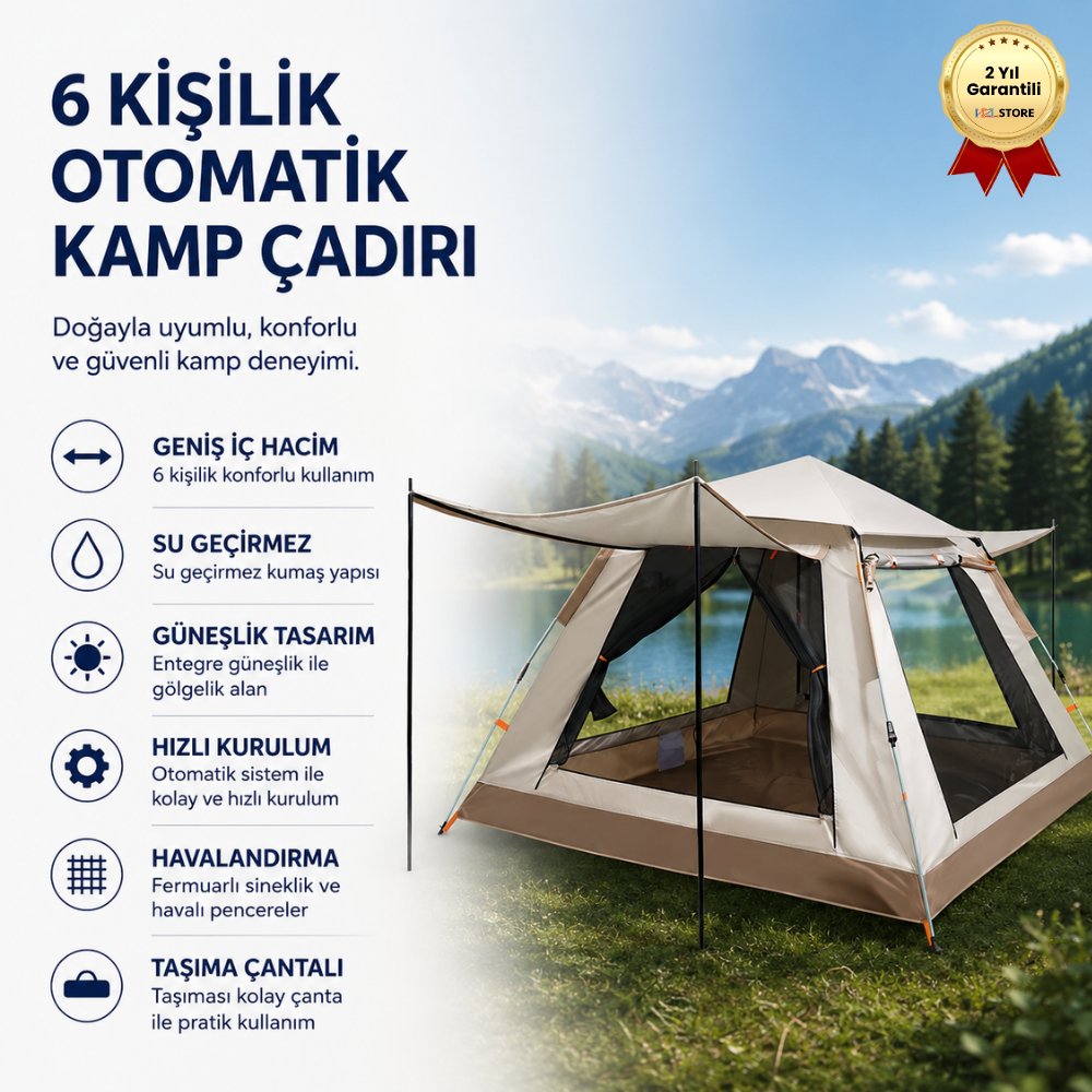  AC6637 Su Geçirmez & Güneşlikli 6 Kişilik Otomatik Kamp Çadırı 