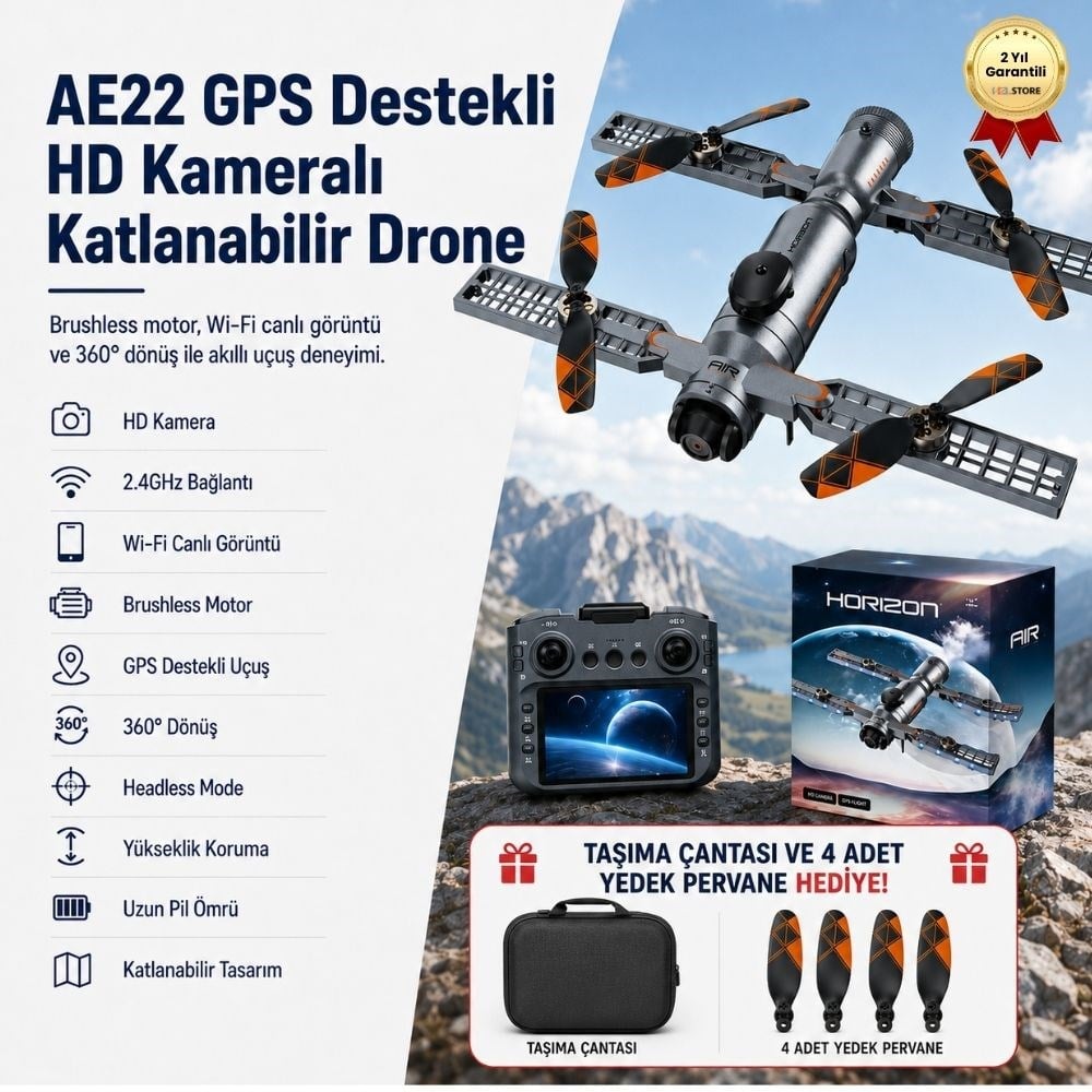  AE22 GPS Destekli HD Kameralı Katlanabilir Drone Brushless Motor, Wi-Fi Canlı Görüntü, 360 Dönüşlü Drone 