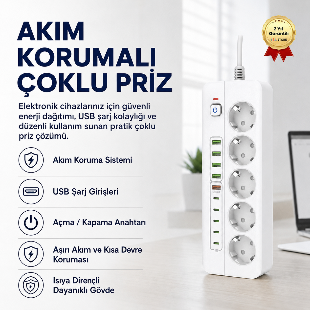  Akım Korumalı Çoklu Priz – USB Girişli, Anahtarlı, Yüksek Güvenlikli Elektrik Prizi 