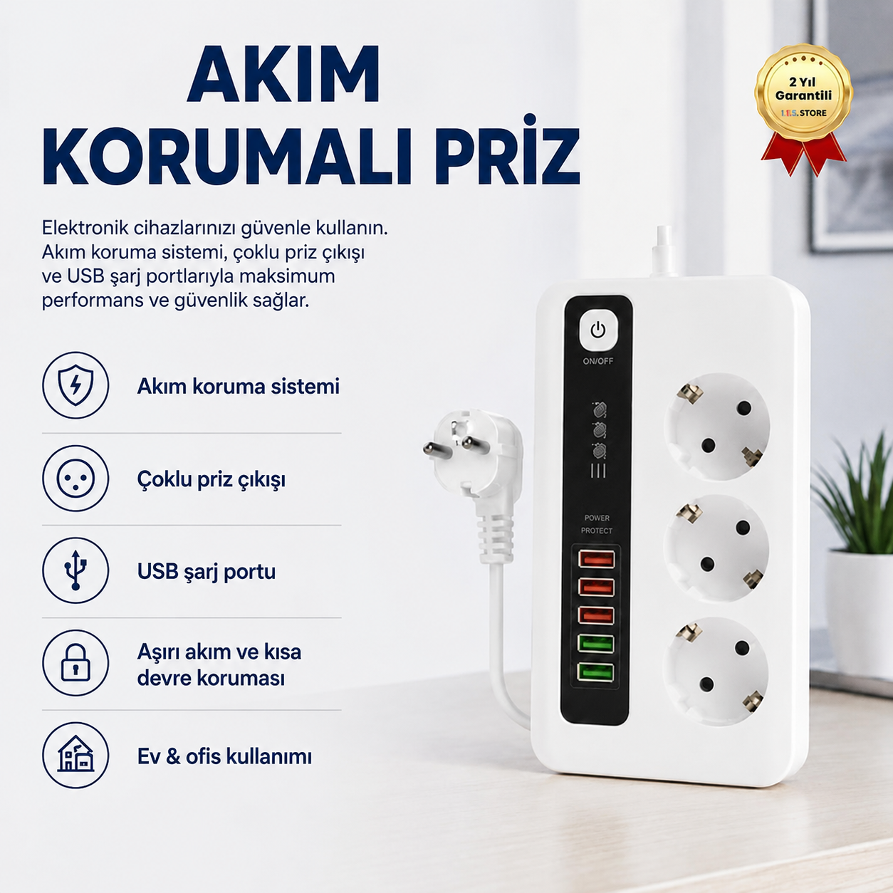  Akım Korumalı Çoklu Priz – USB Girişli, Anahtarlı, Yüksek Güvenlikli Priz Ünitesi 