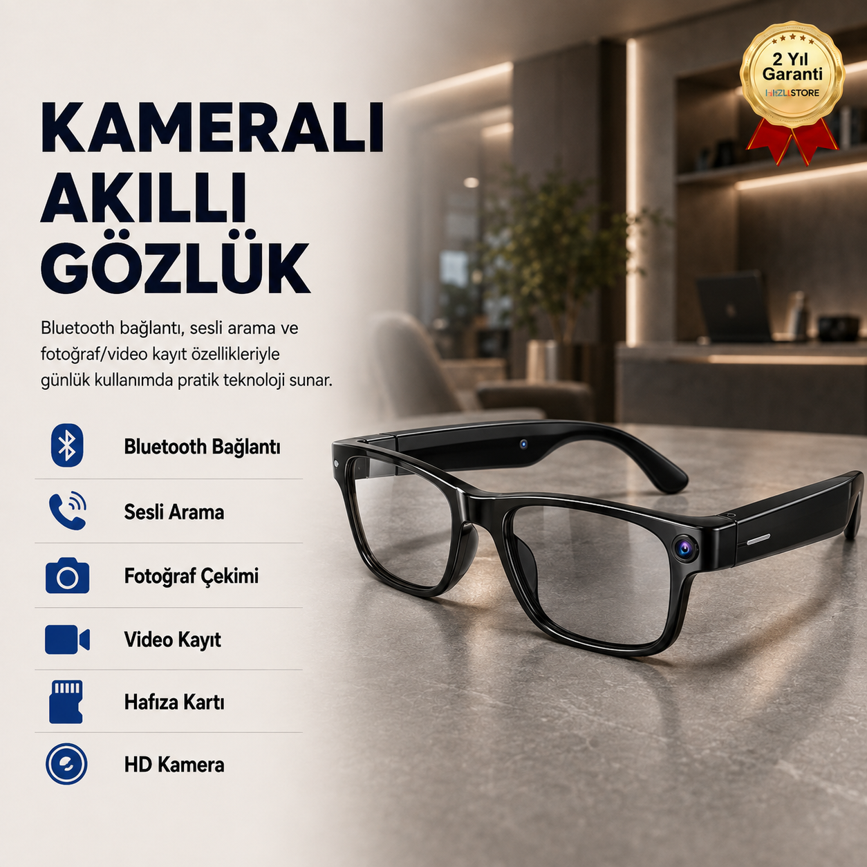  Kameralı Akıllı Gözlük Bluetooth Sesli Arama Fotoğraf ve Video Kayıtlı Hafıza Kartı Destekli 