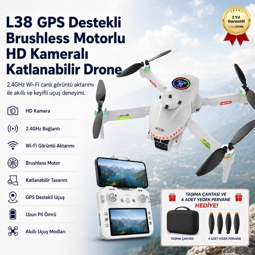  L38 GPS Destekli Brushless Motorlu HD Kameralı Katlanabilir Drone 2.4GHz Wi-Fi Canlı Görüntü Aktarımlı 