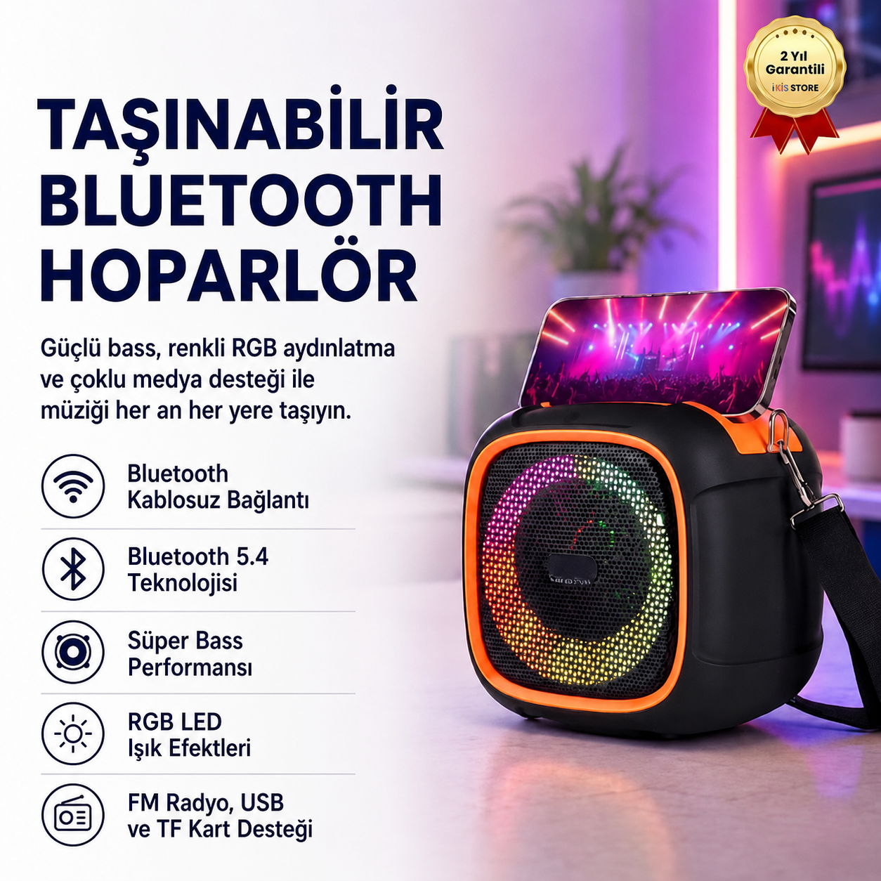  Taşınabilir Bluetooth Hoparlör | Süper Bass, RGB Işık, Hi-Fi Stereo, FM Radyo, USB & TF Kart Destekli 