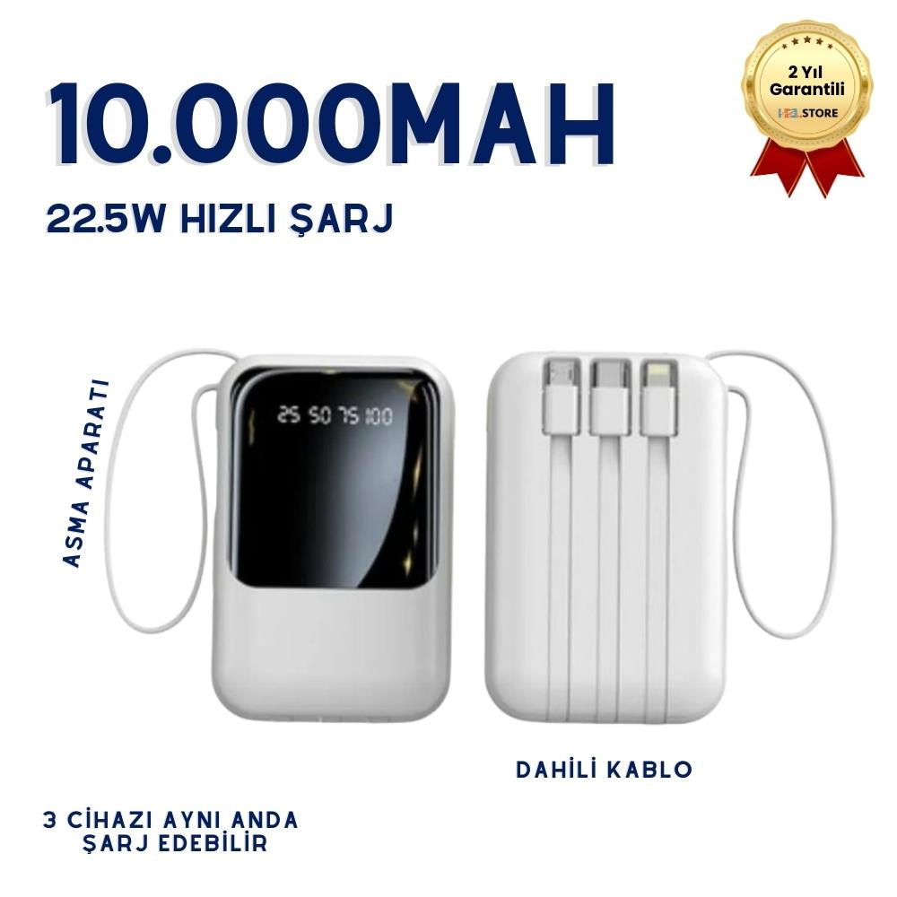 10.000mAh Dijital Göstergeli Taşınabilir 20W Hızlı Şarjlı Dahili Kablolu Powerbank Type-C, Lightning, USB Hafif Askı Aparatlı 
