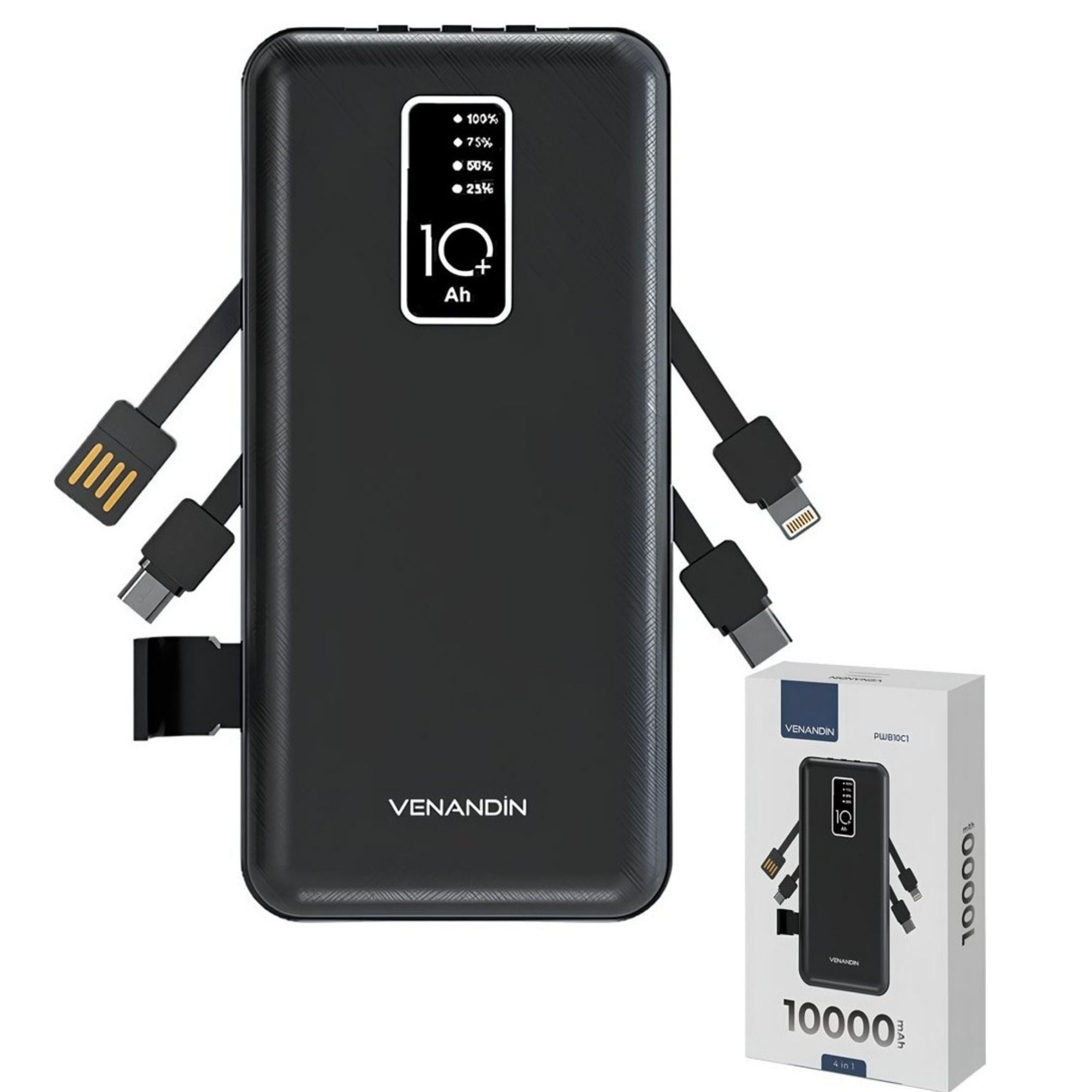 10.000 mAh Powerbank ,10W Hızlı Şarj Destekli, 4'ü 1 Arada Entegre Kablolu Taşınabilir Şarj Cihazı 