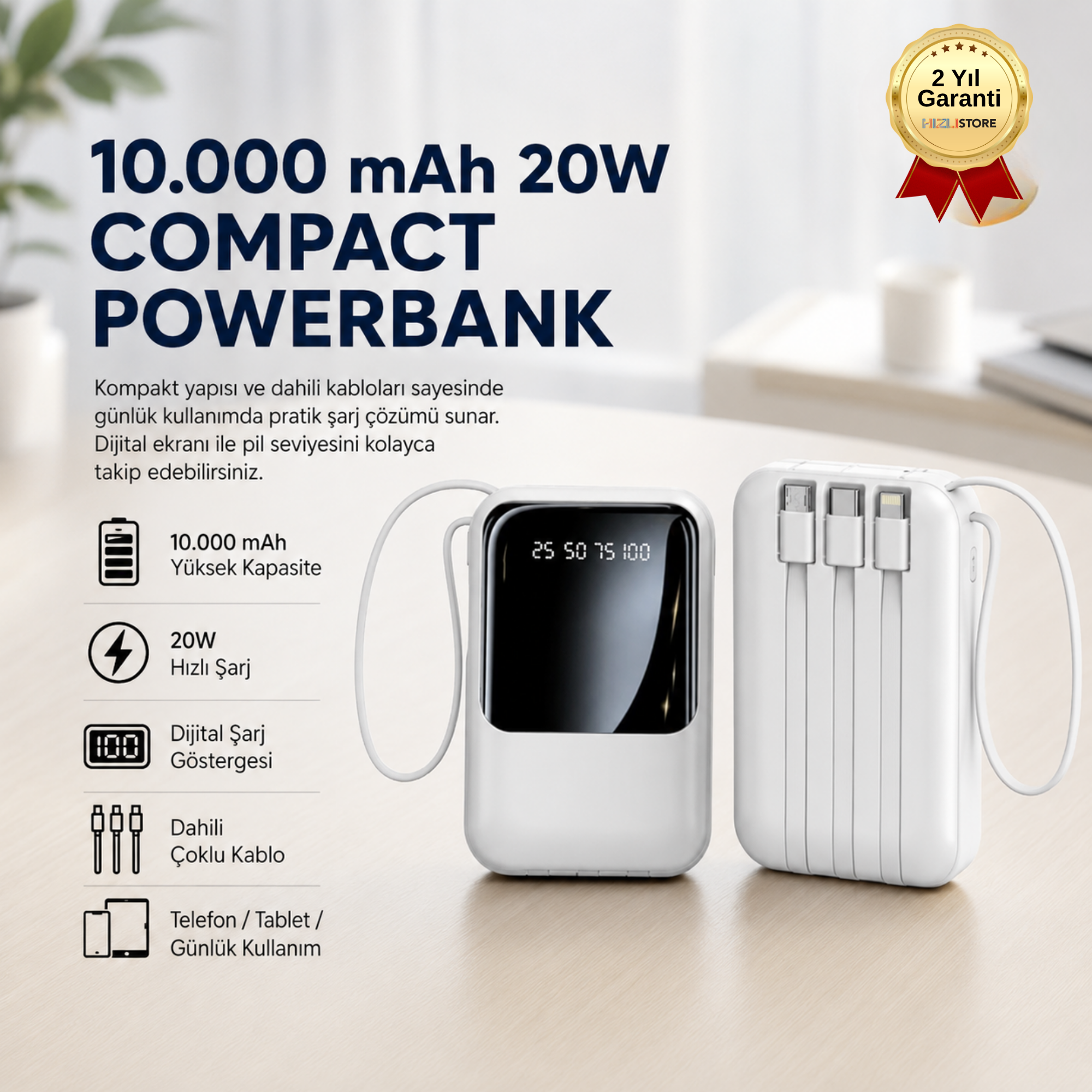 10.000mAh Dijital Göstergeli Taşınabilir 20W Hızlı Şarjlı Dahili Kablolu Powerbank Type-C, Lightning, USB Hafif Askı Aparatlı 