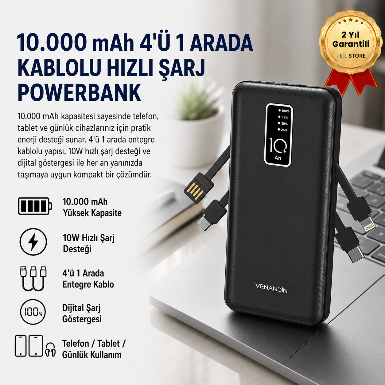 10.000 mAh Powerbank ,10W Hızlı Şarj Destekli, 4'ü 1 Arada Entegre Kablolu Taşınabilir Şarj Cihazı 