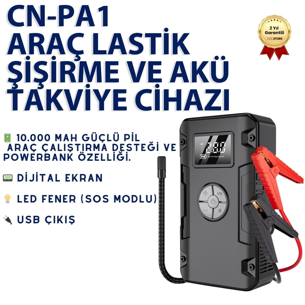 10.000 mAh Araç Lastik Şişirme Kompresörü & Akü Takviye Cihazı Jump Starter 150 PSI Dijital Ekran Powerbank 