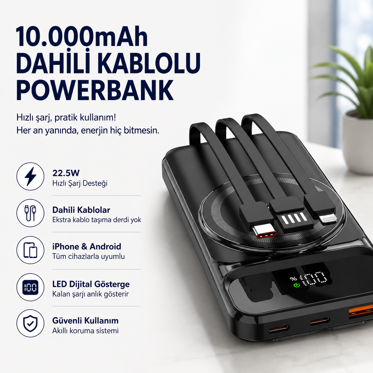 10.000mAh Manyetik Dahili Kablolu Powerbank Hızlı Şarjlı Dijital Göstergeli Taşınabilir Şarj Cihazı 