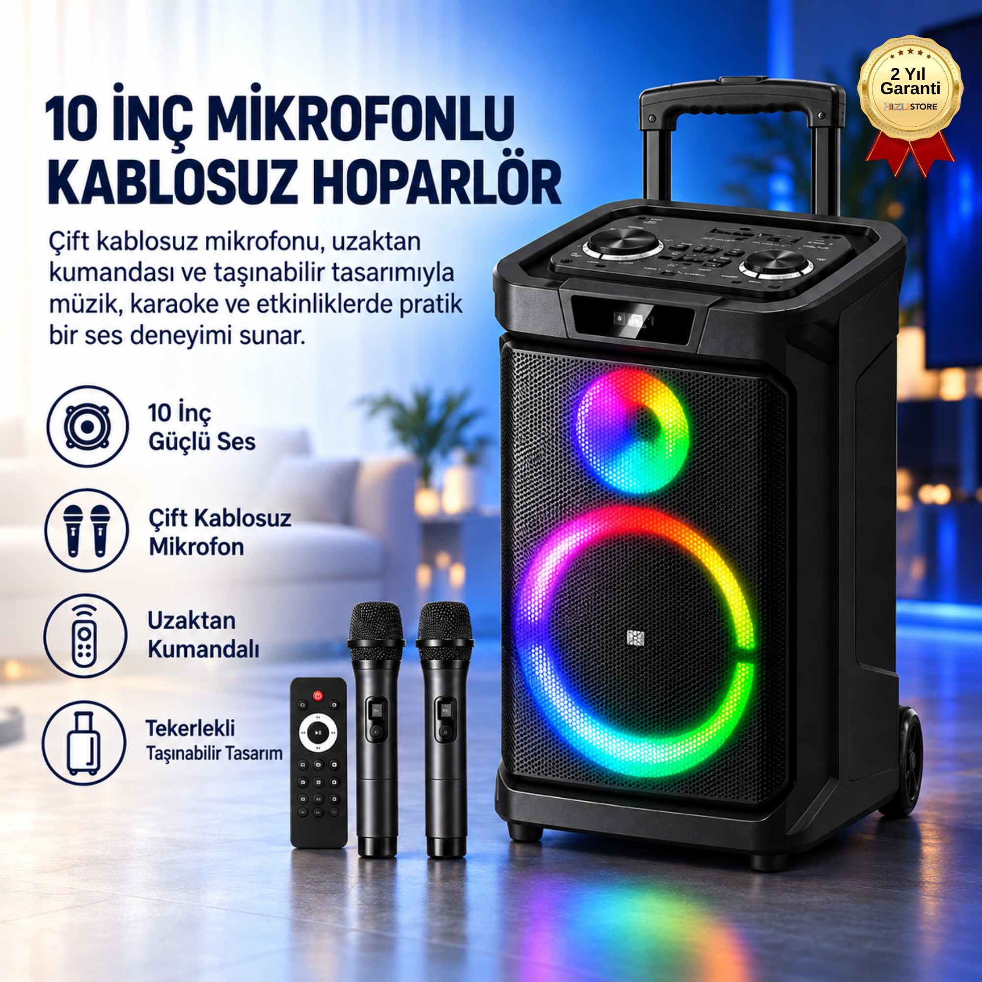 10 İnç Mikrofonlu Kablosuz Hoparlör Kumandalı Taşınabilir Ses Sistemi 