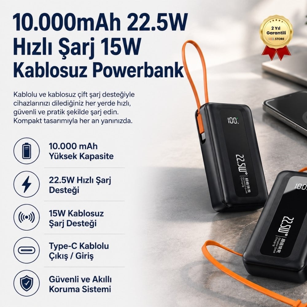 10.000 mAh 22.5W Hızlı Şarj Dahili USB-C Kablolu Dijital Göstergeli Taşınabilir Powerbank 