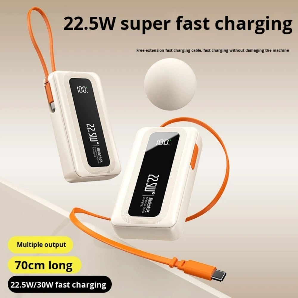 10.000 mAh 22.5W Hızlı Şarj Dahili USB-C Kablolu Dijital Göstergeli Taşınabilir Powerbank 