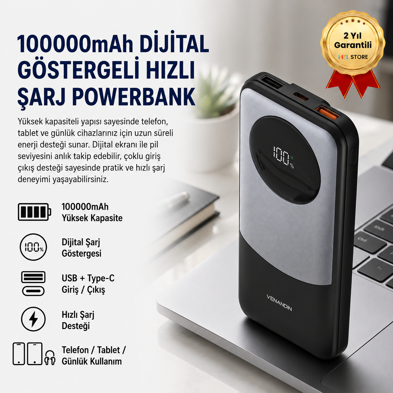 10.000 mAh Powerbank 22.5W Hızlı Şarjlı Dijital Göstergeli Taşınabilir Şarj Cihazı 