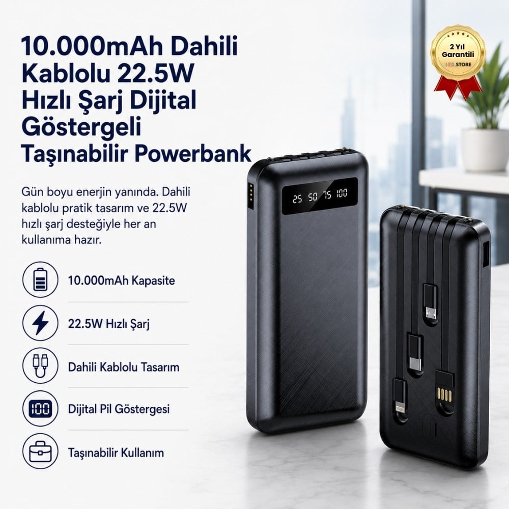 10.000mAh Dahili Kablolu Powerbank 22.5W Hızlı Şarj iPhone Android Uyumlu Dijital Göstergeli Taşınabilir Şarj Cihazı 