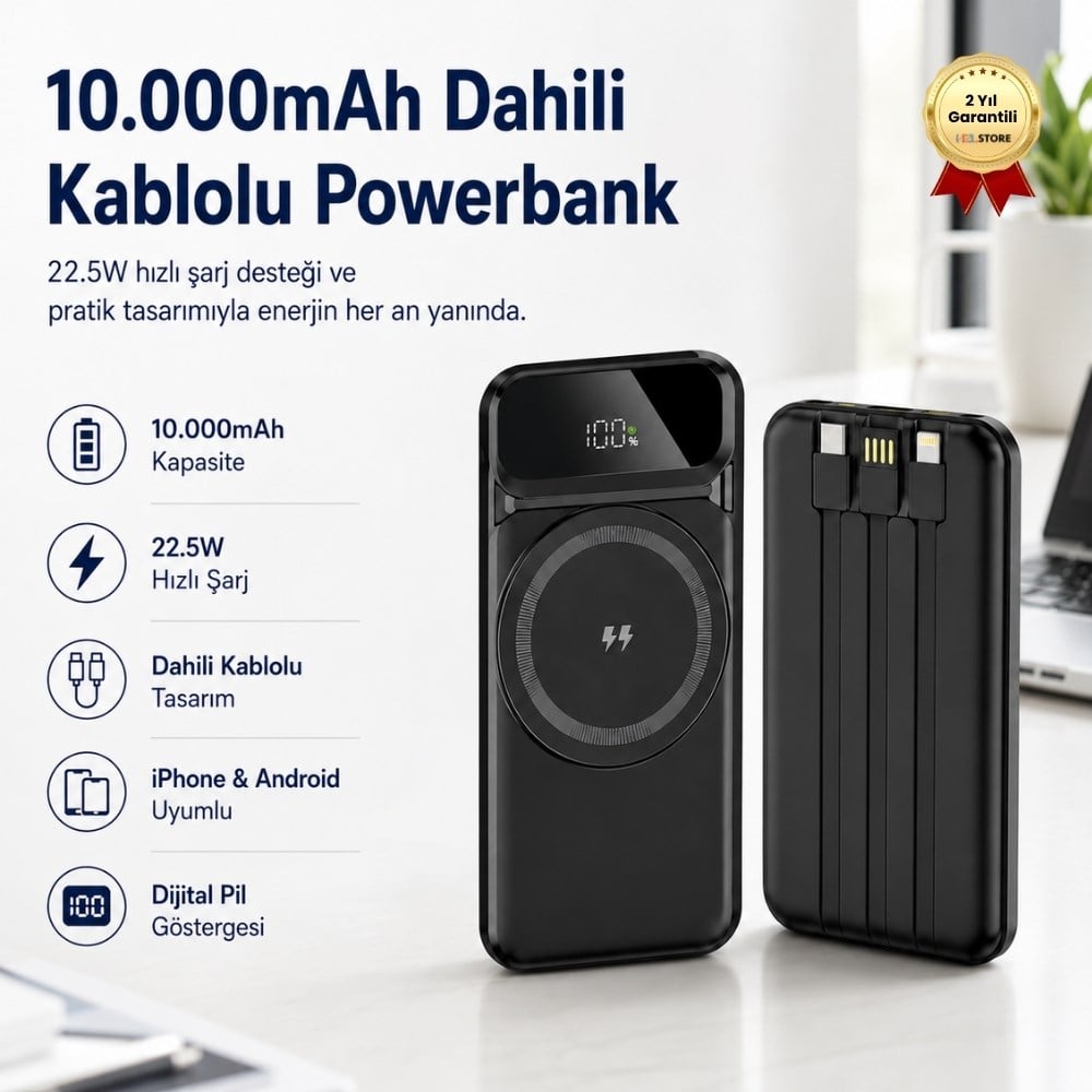 10.000mAh Dahili Kablolu Powerbank 22.5W Hızlı Şarj iPhone Android Uyumlu Dijital Göstergeli Taşınabilir Şarj Cihazı 