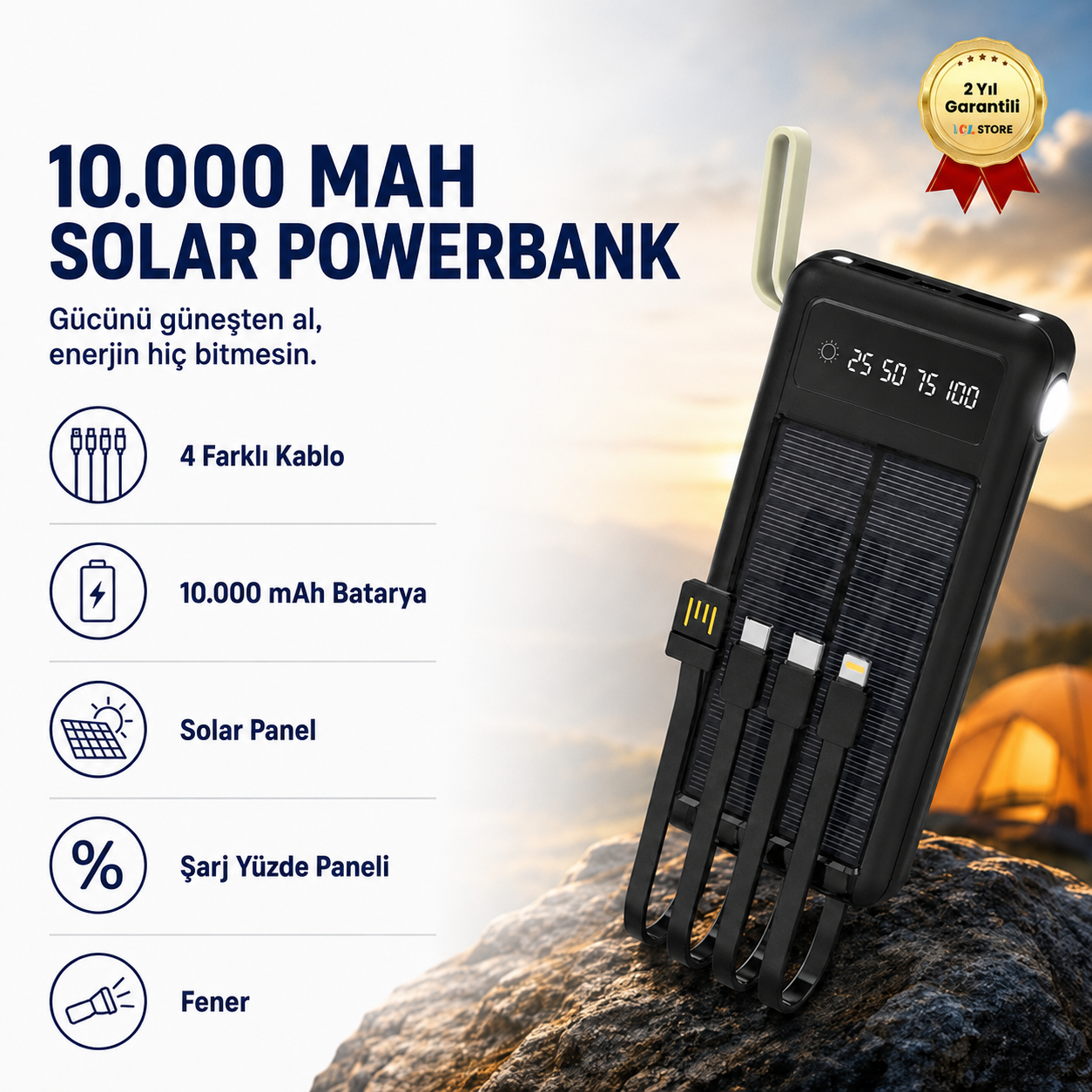 10.000mAh Dijital Göstergeli Taşınabilir 22.5W Hızlı Şarjlı Dahili Kablolu Solar Panelli Powerbank Kamp Uyumlu Asma Aparatlı Powerbank 