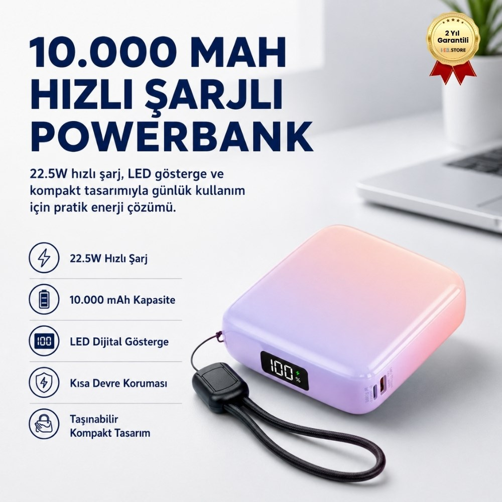 10000 mAh Hızlı Şarjlı Powerbank 22.5W LED Göstergeli Taşınabilir Şarj 